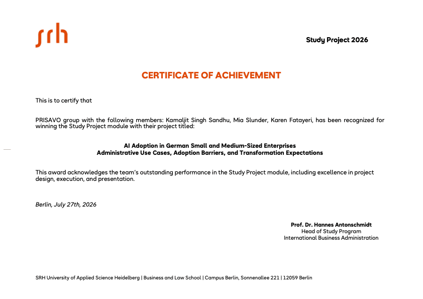 SRH Business and Law School Study Projects Certificate of Achievement